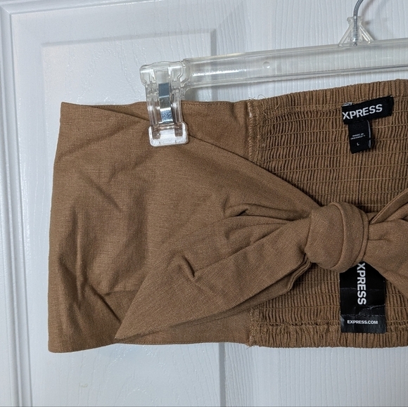 NWT Express Linen Tie-Front Smocked Back Cropped Bandeau Tube Top in Tan Size L - Picture 4 of 7